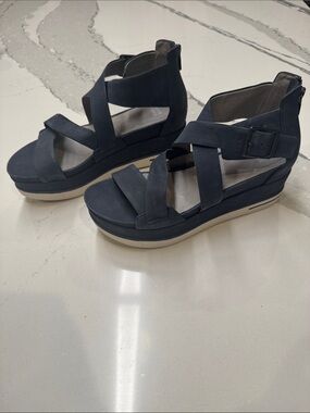 Eileen Fisher Dark Blue Crisscross Platform Sandals Zip Back Sz9